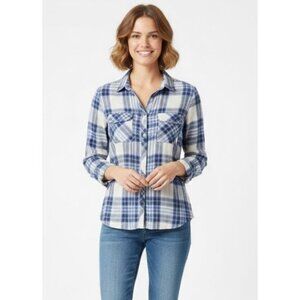 Reitmans Women's Plus Size XXL Blue and White Checkered Plaid Shirt Long Sleeve